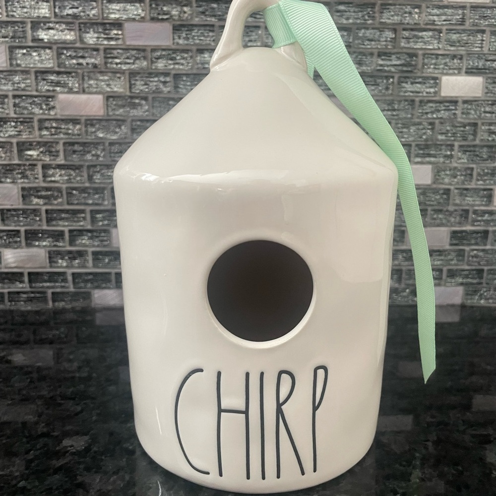 Rae Dunn White Ceramic Birdhouse with Green Ribbon